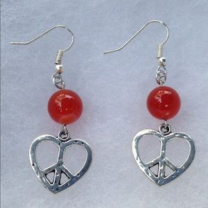Red Carnelian Silver Heart Dangle Earrings